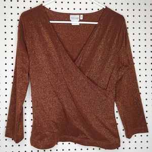 Newport News Vtg 90s Orange Metallic Knit Top 3/4 V-Neck Surplice Stretch Y2K